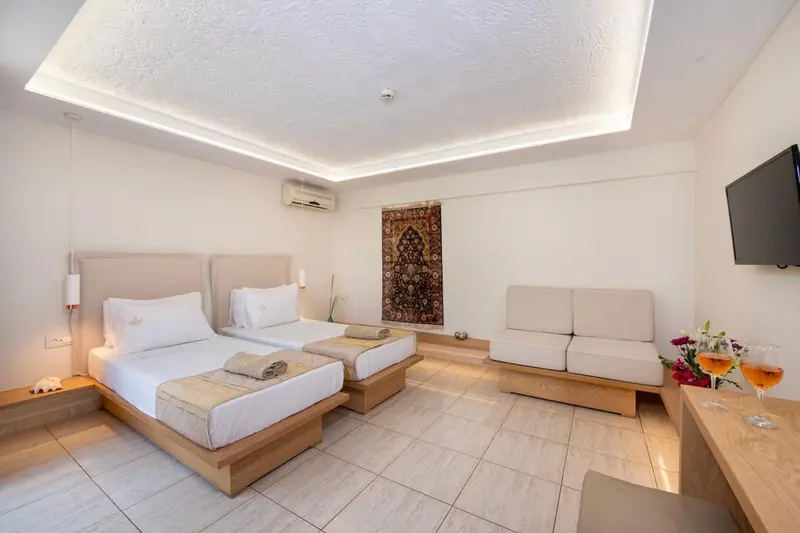Une chambre lumineuse avec deux lits simples et un coin salon.