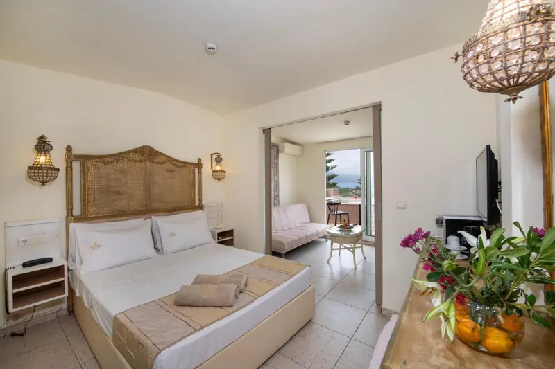 Une chambre lumineuse avec un lit et un espace salon attenant.