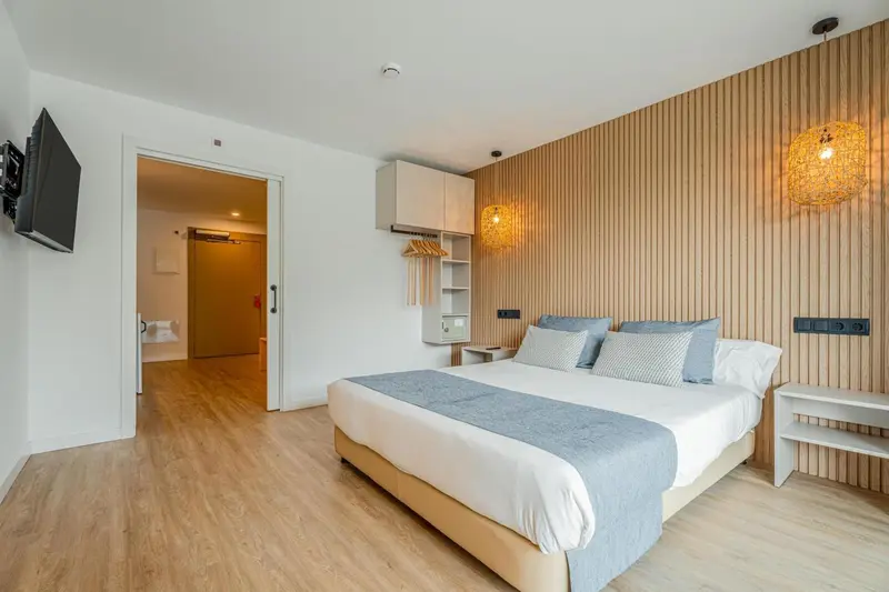 Une chambre lumineuse avec un grand lit et un mur en bois.
