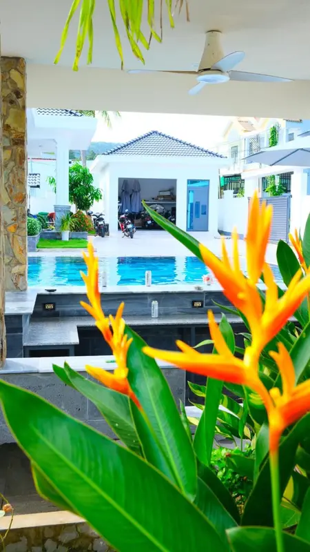 Une piscine turquoise bordée de végétation luxuriante et de fleurs tropicales.