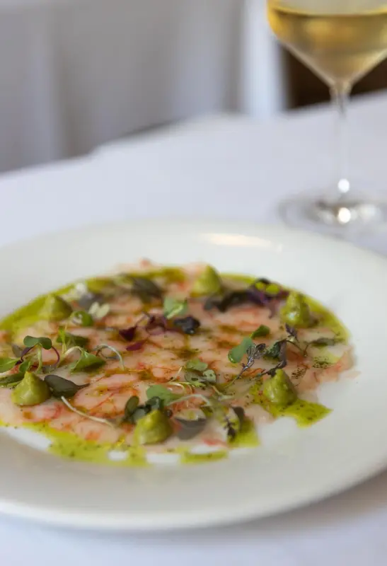 Assiette de poisson cru avec une sauce verte et des herbes fraîches, accompagnée d'un verre de vin.