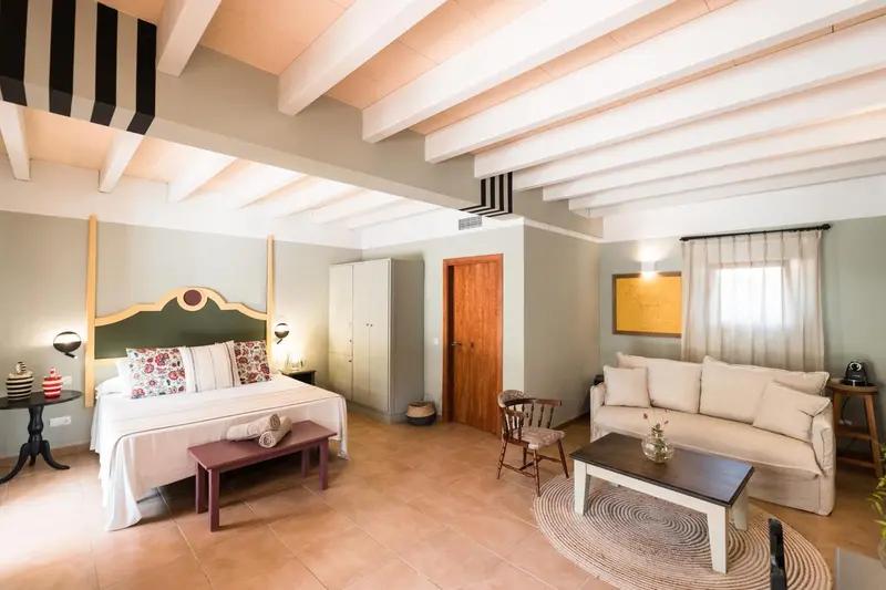 Une chambre lumineuse avec un lit et un canapé.