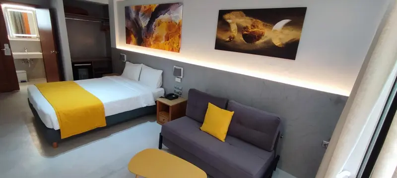 Une chambre avec un lit, un canapé et une décoration murale.