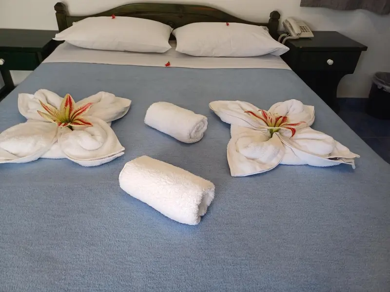 Un lit double est soigneusement fait avec des serviettes décoratives.
