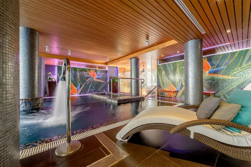 Espace de relaxation avec bassin intérieur et chaises longues.