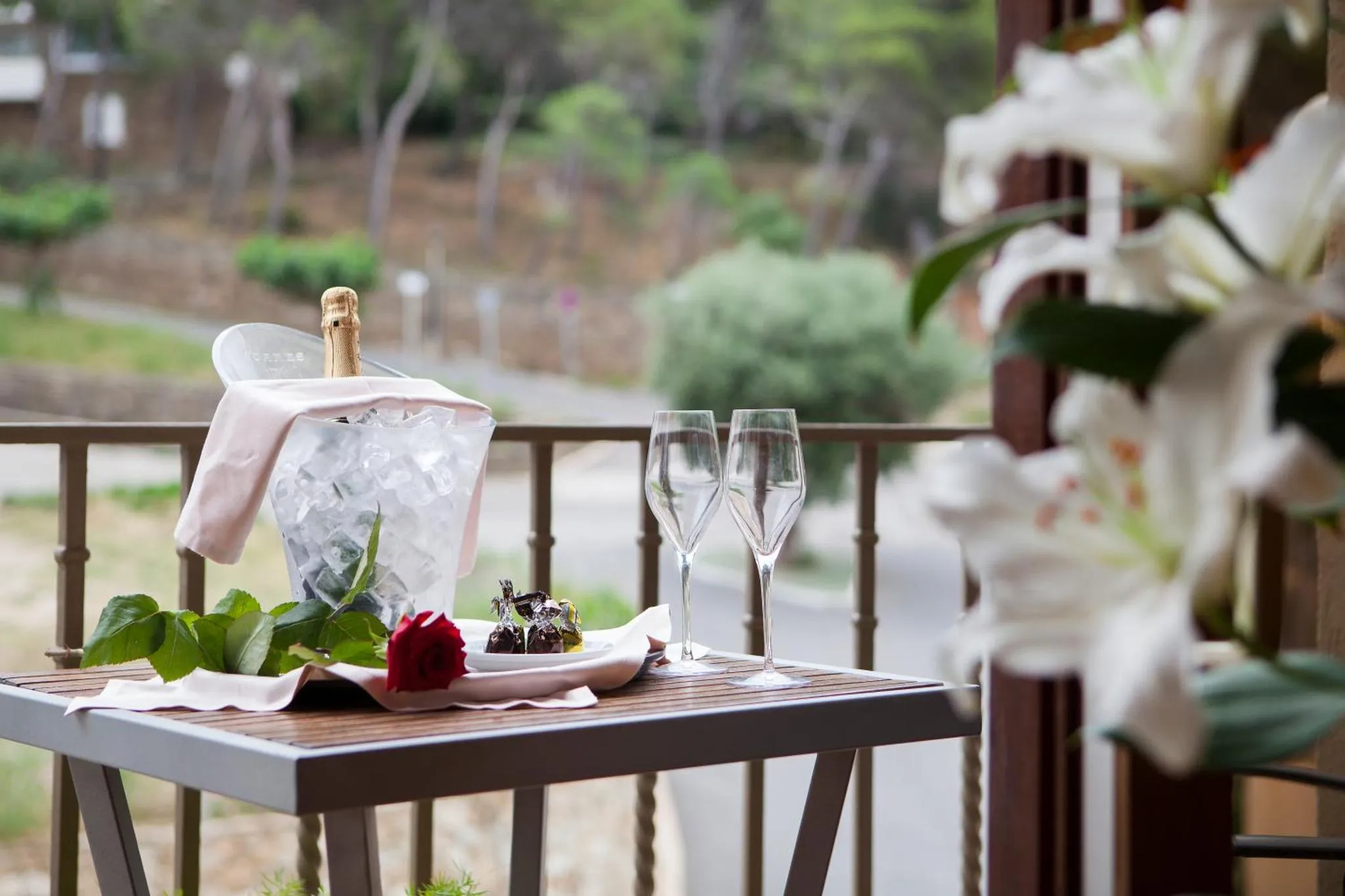 Une table avec une bouteille de champagne, des verres et des fruits est mise en scène sur une terrasse.