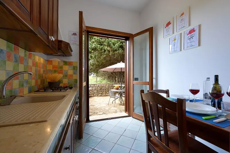 Une cuisine lumineuse s'ouvre sur une terrasse ombragée avec une table.