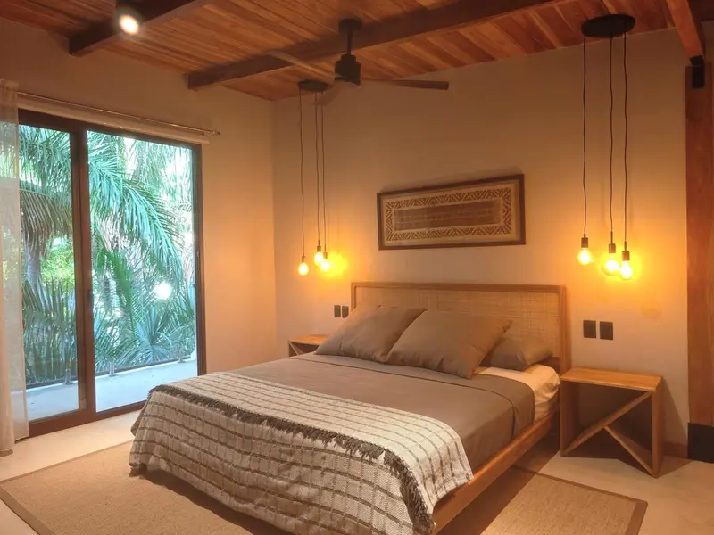 Une chambre lumineuse avec un grand lit et un accès à une terrasse.