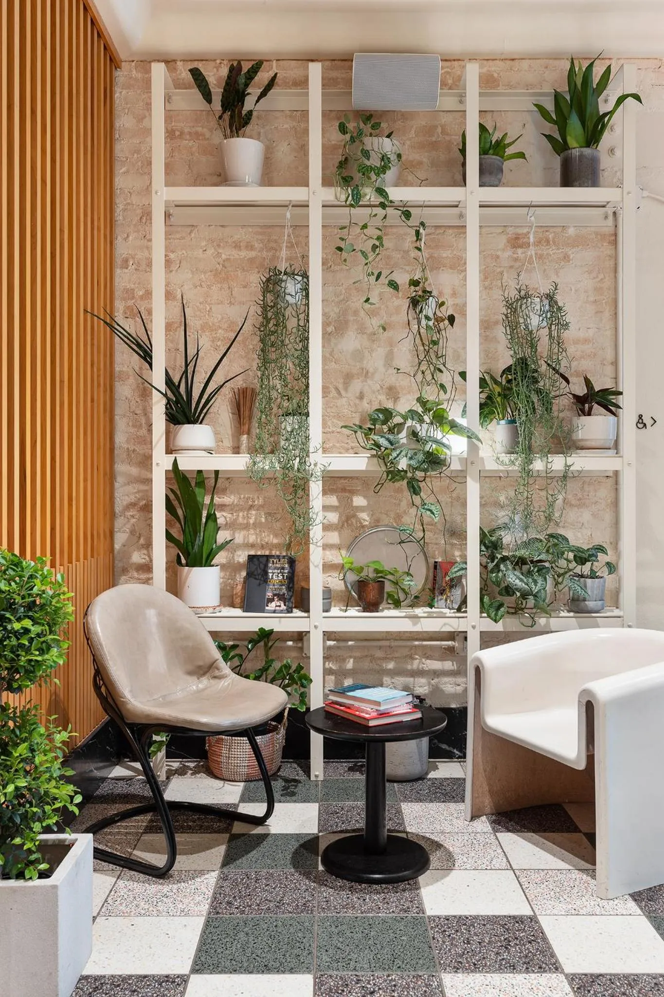 Un espace de détente intérieur avec des plantes et des fauteuils.