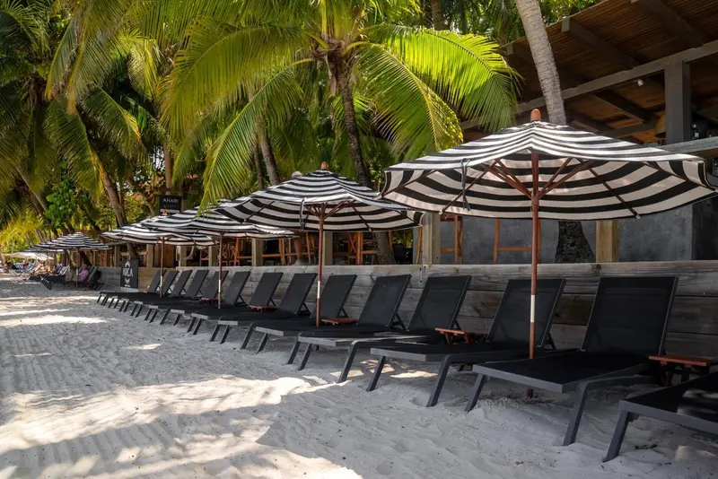 Transats noirs alignés sur une plage de sable blanc sous des parasols rayés.