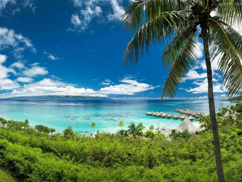 Vue aérienne sur une lagune turquoise bordée de végétation luxuriante et de bungalows sur pilotis.