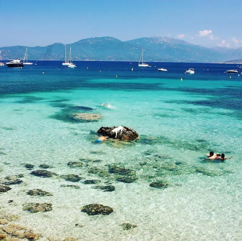 Vue sur une plage turquoise avec des bateaux au loin et des personnes se baignant.