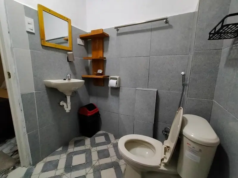 Une salle de bain avec lavabo, toilettes et étagères murales.