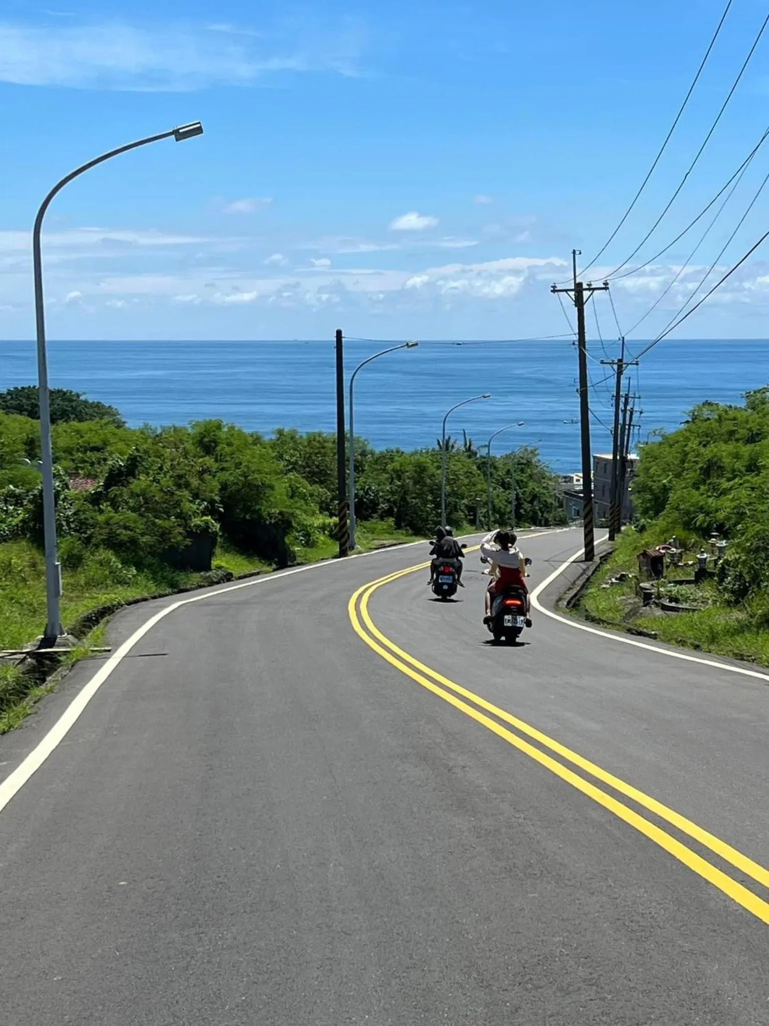 Une route sinueuse traverse une végétation luxuriante avec vue sur la mer.