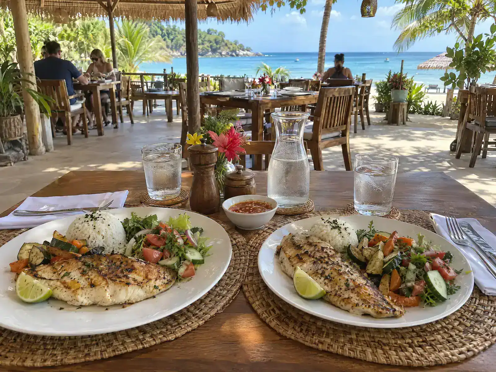 Poisson grillé et salade sur la terrasse du restaurant