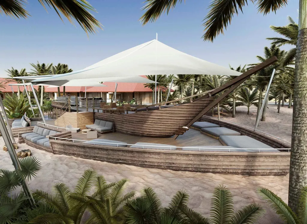 Espace de détente en plein air avec structure évoquant un bateau.