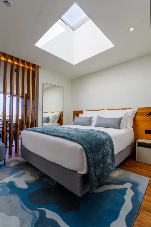 Une chambre lumineuse avec un grand lit et un tapis bleu.