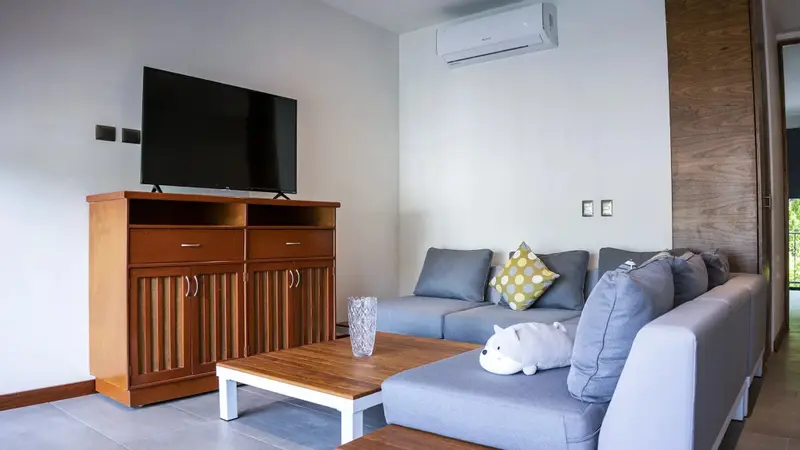 Un espace de détente intérieur avec un canapé et un meuble télévision.
