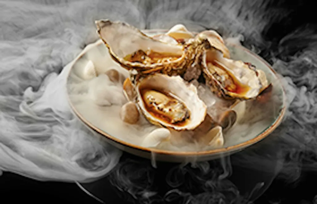 Assiette d'huîtres fraîches servies avec du citron et de la glace carbonique.