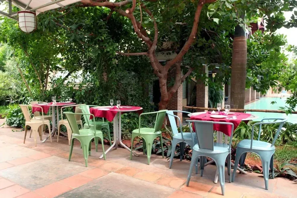 Tables rondes colorées dressées sur une terrasse ombragée par des arbres.