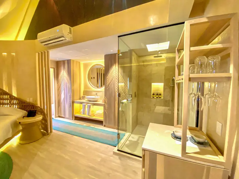 Une salle de bain lumineuse avec une douche à l'italienne et un lavabo surélevé.