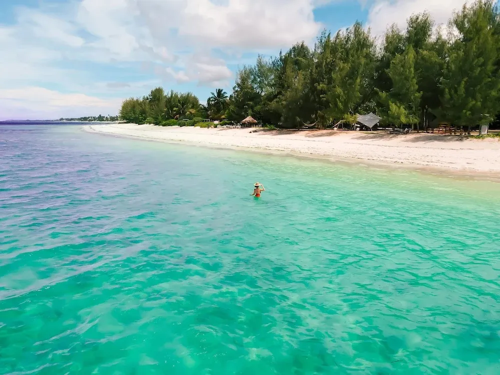 Une personne se tient dans une eau turquoise peu profonde le long d'une plage de sable blanc bordée de palmiers.