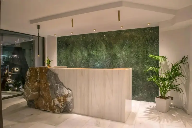 Un comptoir d'accueil moderne avec un mur texturé et une plante verte.