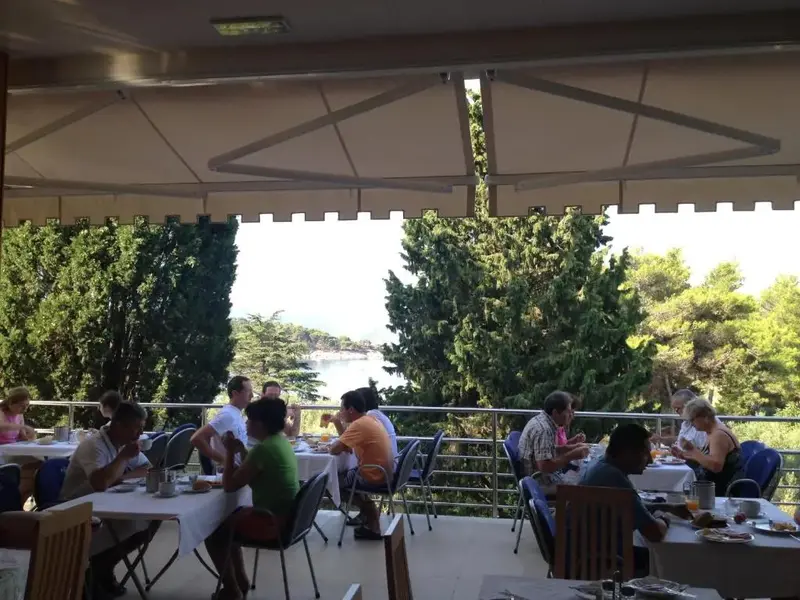 Une salle à manger extérieure abritée sous une marquise surplombe un paysage côtier verdoyant.