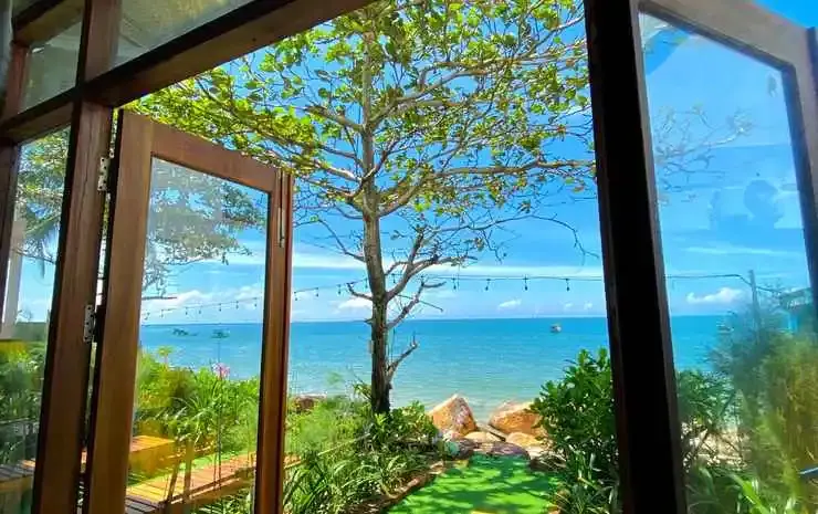 Vue sur la mer depuis un espace ouvert avec végétation luxuriante.