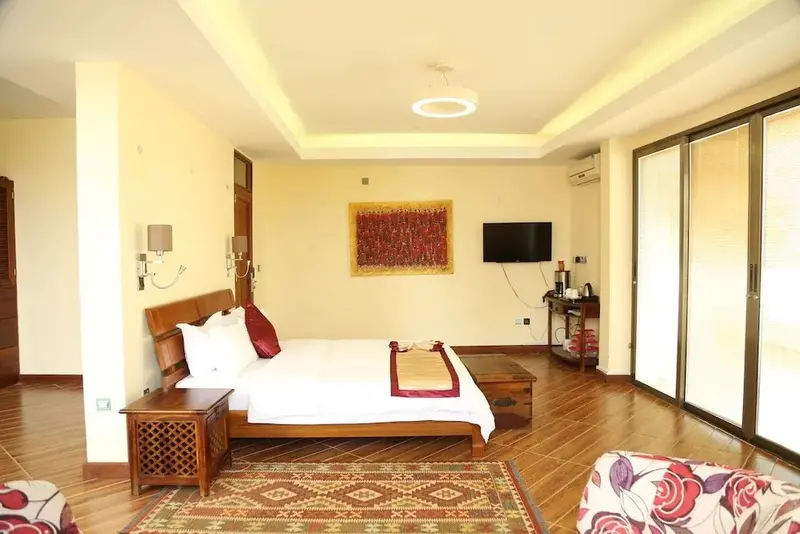 Une chambre lumineuse avec un grand lit et un tapis décoratif.