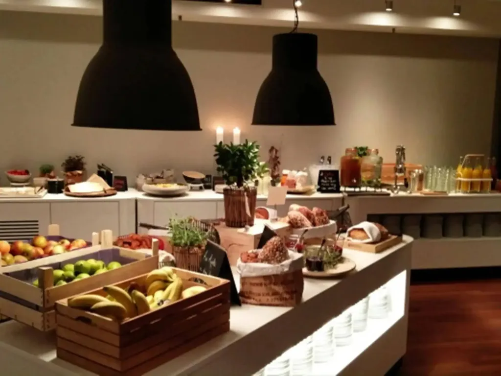 Un buffet propose des fruits frais, des viennoiseries et des boissons.