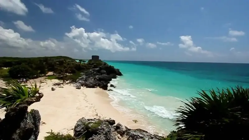 Une plage de sable blanc bordée d'une eau turquoise et d'une végétation luxuriante.