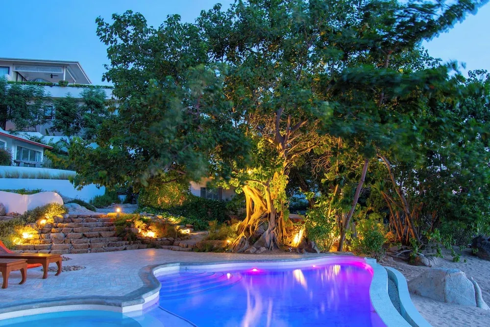 Une piscine illuminée au crépuscule, bordée de végétation luxuriante et d'escaliers en pierre.