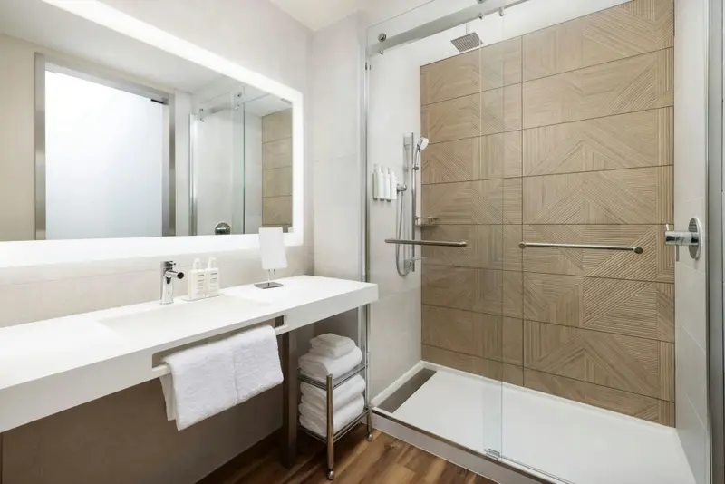 Une salle de bain moderne avec douche à l'italienne et grand miroir.
