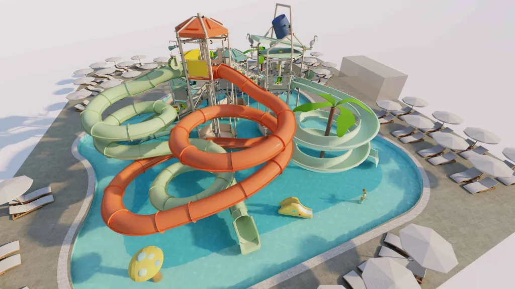 Une piscine avec des toboggans colorés et des transats.