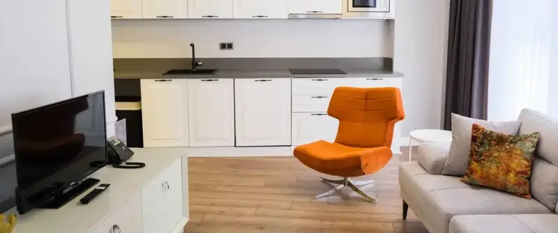 Un espace de vie lumineux avec un coin cuisine et un canapé.