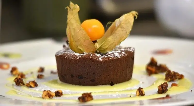 Un dessert au chocolat est présenté sur une assiette blanche avec une décoration de groseilles et de noix.