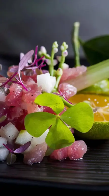 Un plat de poisson cru est décoré de fines herbes et d'agrumes.