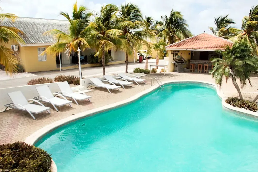 Transats blancs alignés au bord d'une piscine turquoise dans un cadre tropical.