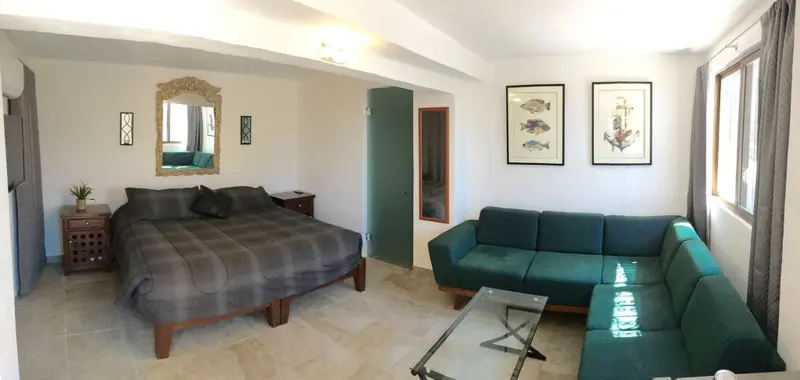 Espace de vie avec un lit et un canapé vert.
