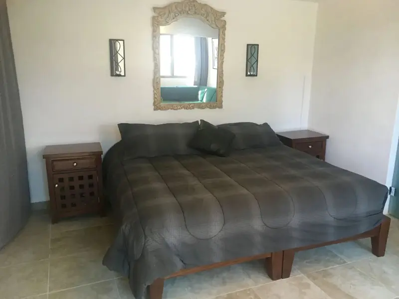 Une chambre avec un grand lit et un miroir décoratif au-dessus.