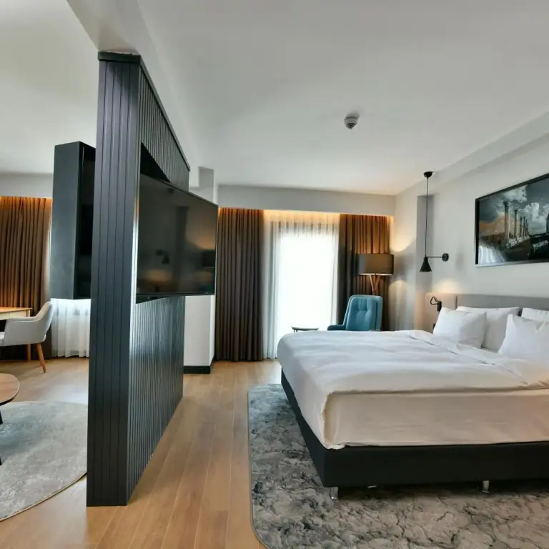Une chambre lumineuse avec un grand lit et un espace salon.