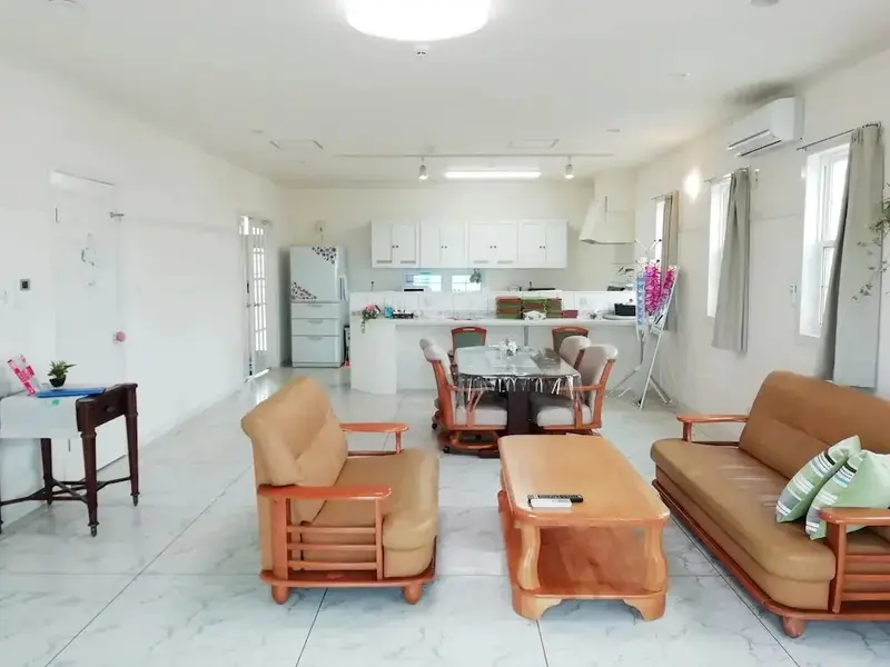 Espace de vie lumineux avec coin salon et cuisine ouverte.