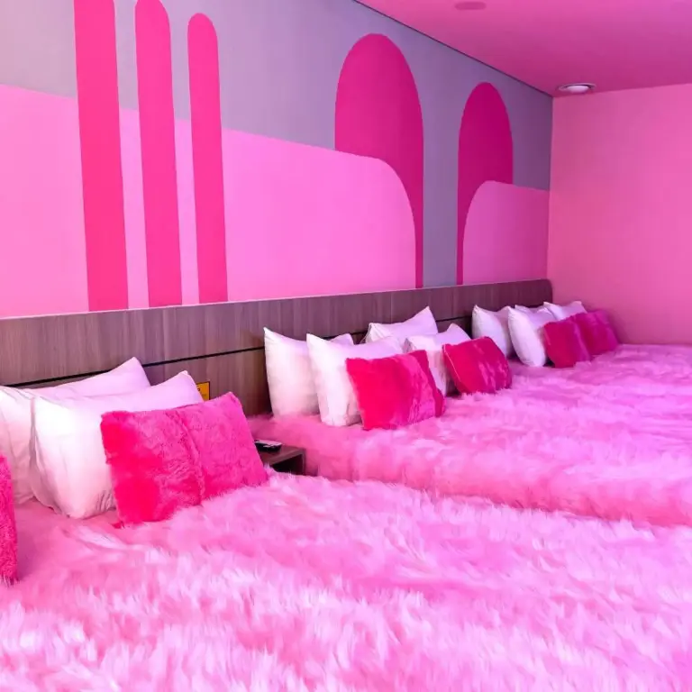 Plusieurs lits sont alignés dans une chambre aux murs et au sol rose.