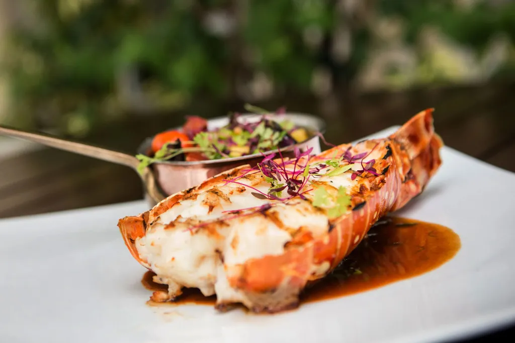 Un plat de homard grillé est présenté avec une sauce et une garniture colorée.