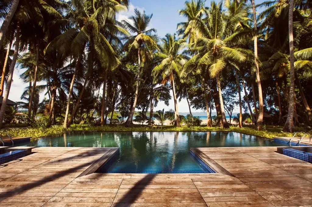 Une piscine rectangulaire bordée d'une terrasse en bois, entourée de palmiers.