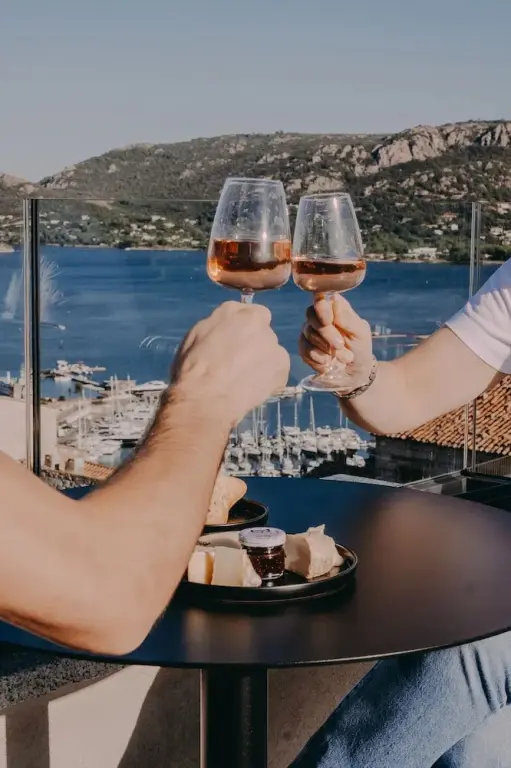 Deux personnes trinquent avec des verres de vin devant une assiette de fromage et un paysage marin.