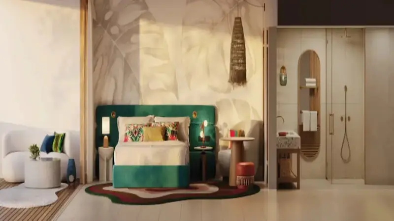 Une chambre à coucher lumineuse avec un grand lit et un accès à une salle de bain moderne.