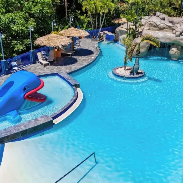 Une piscine avec un toboggan en forme de dauphin et des parasols.