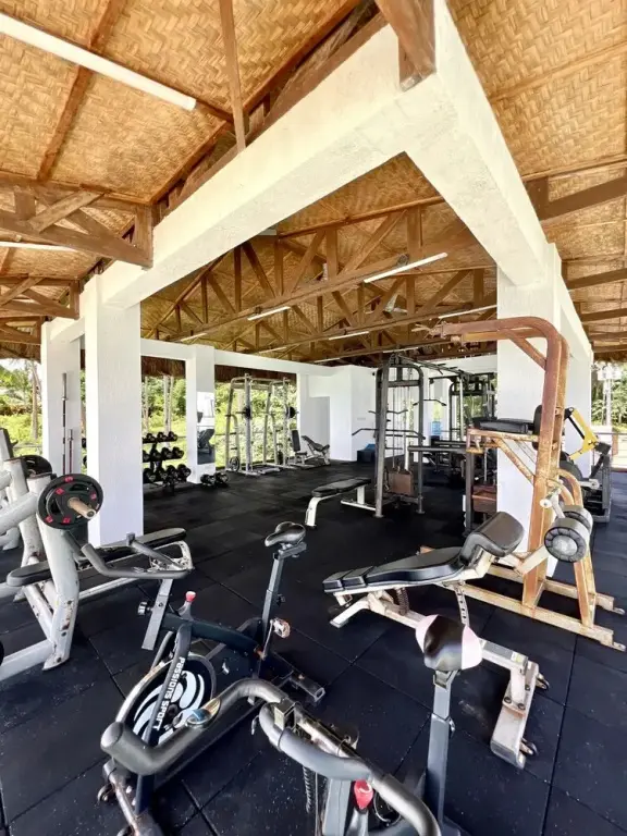 Une salle de sport abritée sous une toiture ouverte sur la végétation.